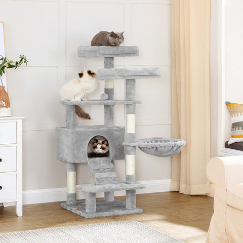 Rootz Scratching Post - Cat Tree - Cat Tree With Soft Plush - Large Cat Tree - Cat Tower - Cat Scratching Post - Multi-level Cat Tree - Wall-mounted Cat Tree - Modern Cat Tree - Cat Tree With Toys - Chipboard - Light Grey - 50 x 45 x 142 cm (L x W x H)