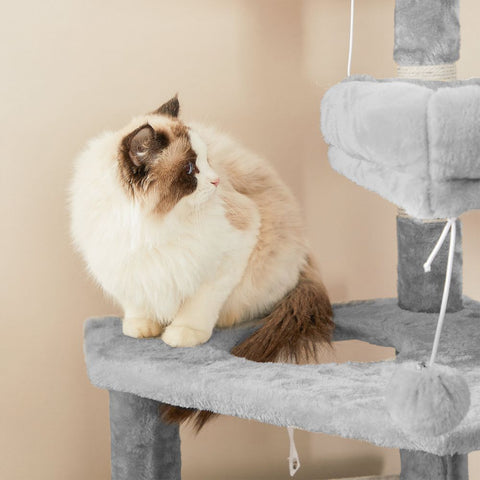 Rootz Scratching Post - Cat Tree - Cat Tree With Soft Plush - Large Cat Tree - Cat Tower - Cat Scratching Post - Multi-level Cat Tree - Wall-mounted Cat Tree - Modern Cat Tree - Cat Tree With Toys - Chipboard - Light Grey - 50 x 45 x 142 cm (L x W x H)