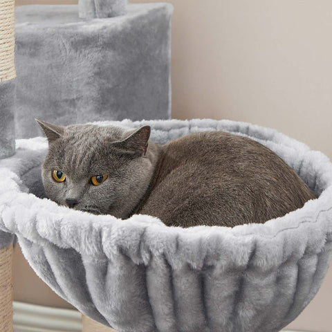 Rootz Scratching Post - Cat Tree - Cat Tree With Soft Plush - Large Cat Tree - Cat Tower - Cat Scratching Post - Multi-level Cat Tree - Wall-mounted Cat Tree - Modern Cat Tree - Cat Tree With Toys - Chipboard - Light Grey - 50 x 45 x 142 cm (L x W x H)