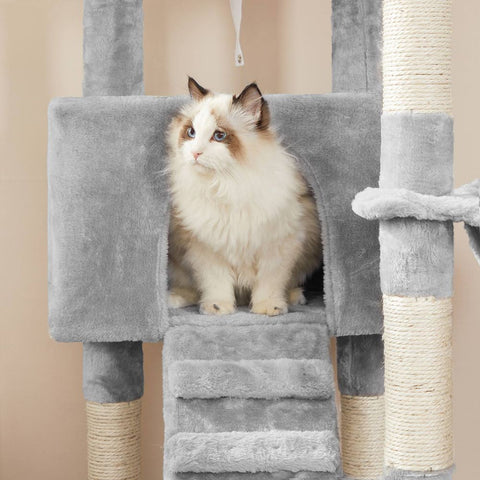 Rootz Scratching Post - Cat Tree - Cat Tree With Soft Plush - Large Cat Tree - Cat Tower - Cat Scratching Post - Multi-level Cat Tree - Wall-mounted Cat Tree - Modern Cat Tree - Cat Tree With Toys - Chipboard - Light Grey - 50 x 45 x 142 cm (L x W x H)