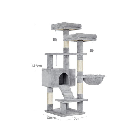 Rootz Scratching Post - Cat Tree - Cat Tree With Soft Plush - Large Cat Tree - Cat Tower - Cat Scratching Post - Multi-level Cat Tree - Wall-mounted Cat Tree - Modern Cat Tree - Cat Tree With Toys - Chipboard - Light Grey - 50 x 45 x 142 cm (L x W x H)