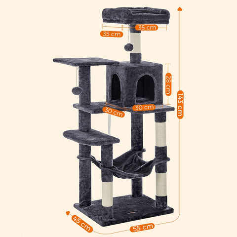 Rootz Cat Tree - Scratching Post With Hammock - Cat Climbing Tree - Cat Activity Tree - Cat Play Tree - Modern Cat Tree - Cat Tree House - Chipboard - Plush - Sisal - Smoke Gray - 55 x 45 x 143 cm (L x W x H)