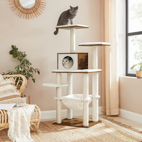 Rootz Cat Tree - Modern Cat Tree - Scratching Post - Cat Tower - Cat Furniture - Cat Scratching Tree - Cat Playhouse - Modern Cat Tree - Chipboard - Brown - 55 x 45 x 138 cm (L x W x H)