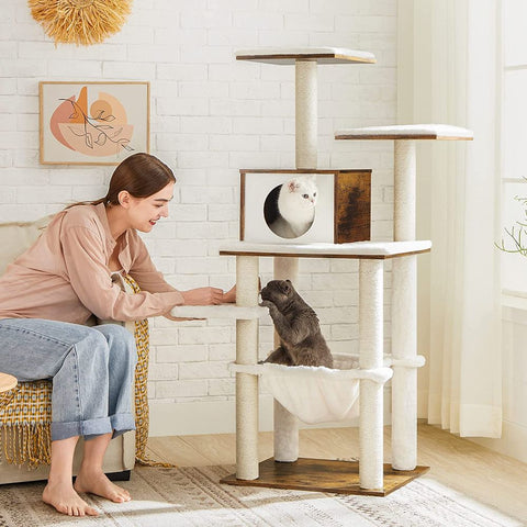 Rootz Cat Tree - Modern Cat Tree - Scratching Post - Cat Tower - Cat Furniture - Cat Scratching Tree - Cat Playhouse - Modern Cat Tree - Chipboard - Brown - 55 x 45 x 138 cm (L x W x H)