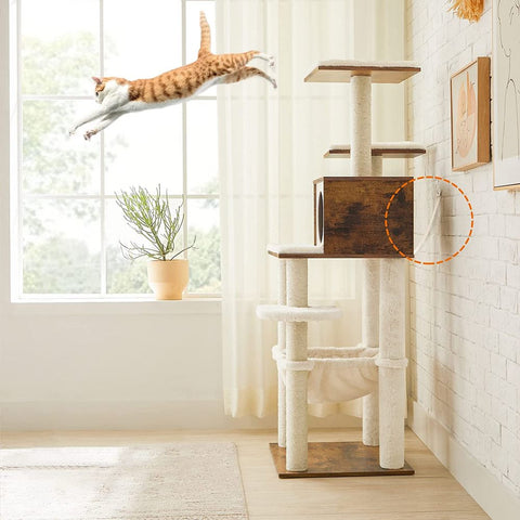 Rootz Cat Tree - Modern Cat Tree - Scratching Post - Cat Tower - Cat Furniture - Cat Scratching Tree - Cat Playhouse - Modern Cat Tree - Chipboard - Brown - 55 x 45 x 138 cm (L x W x H)