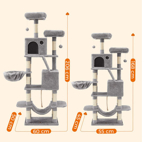 Rootz Cat Tree - Scratching Post - Cat Climbing Tree - Cat Activity Tree - Cat Play Tree - Modern Cat Tree - Cat Tree House - Chipboard - Plush - Sisal - Light Gray - 55 x 45 x 168 cm (L x W x H)