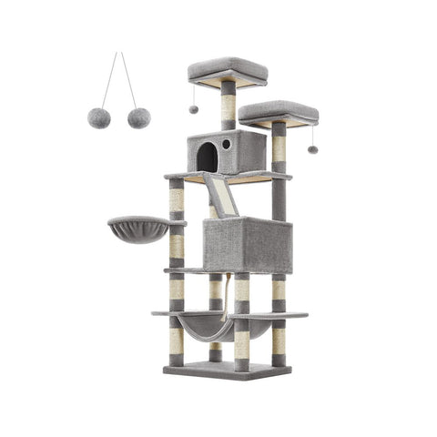 Rootz Cat Tree - Scratching Post - Cat Climbing Tree - Cat Activity Tree - Cat Play Tree - Modern Cat Tree - Cat Tree House - Chipboard - Plush - Sisal - Light Gray - 55 x 45 x 168 cm (L x W x H)