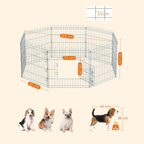 Rootz Metal Puppy Run - Animal Enclosure - Puppy Enclosure - Animal Enclosure With 8 Fence Elements - Steel - Silver