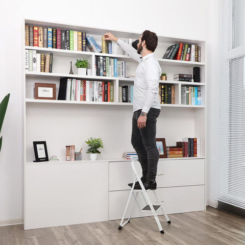 Rootz Stepladder - Stepladder With 2 Steps - Folding Stepladder - Portable Stepladder - Kitchen Stepladder - Bathroom Stepladder - Lightweight Stepladder - Steel - White - 46.5 x 90 x 4 cm