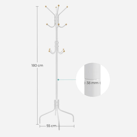 Rootz Coat Rack - Metal Coat Rack - Metal Coat Stand - Coat Rack With Hooks - Modern Hat And Coat Rack - Minimalist Coat Rack - White - 55 x 55 x 180 cm