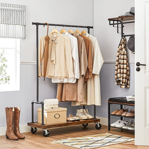 Rootz Clothes Stand - Clothes Stand On Wheels - Clothing Rack - Clothes Hanger Stand - Freestanding Clothes Stand - Clothes Stand With Hooks - Chipboard - Steel - Brown-black - (110-168) x 40 x 160 cm (L x W x H)
