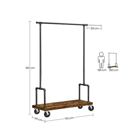Rootz Clothes Stand - Clothes Stand On Wheels - Clothing Rack - Clothes Hanger Stand - Freestanding Clothes Stand - Clothes Stand With Hooks - Chipboard - Steel - Brown-black - (110-168) x 40 x 160 cm (L x W x H)