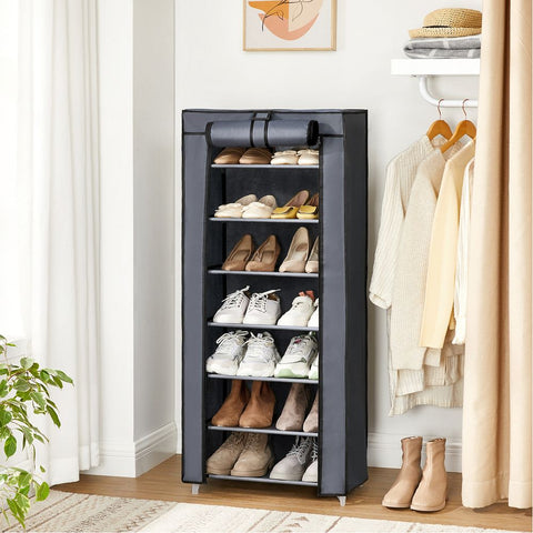 Rootz Shoe Rack - Shoe Rack With Fabric Cover - Shoe Storage With Cover - Shoe Rack With Roll-Up Cover - Grey - 46 x 28 x 126 cm