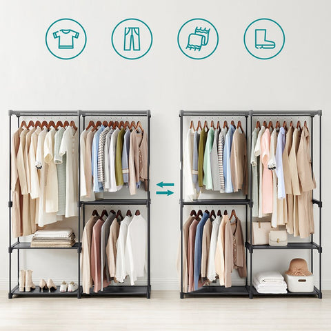 Rootz Wardrobe - Open Wardrobe - Open Closet Systems - Walk-in Closet Organizer - Freestanding Open Wardrobe - Steel - Plastic - Black - 43 x 138 x 182 cm (D x W x H)
