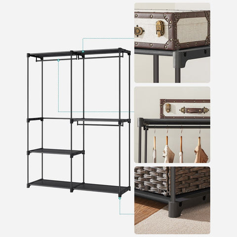 Rootz Wardrobe - Open Wardrobe - Open Closet Systems - Walk-in Closet Organizer - Freestanding Open Wardrobe - Steel - Plastic - Black - 43 x 138 x 182 cm (D x W x H)