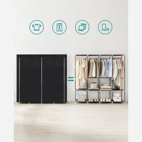 Rootz Fabric Cabinet - Abric Cabinet With 4 Side Pockets - Fabric Storage Cabinets - Portable Fabric Cabinet - Wardrobe Cabinet - Closet Organizer - Steel - Non-woven Fabric - Plastic - Black - 45 x 170 x 167 cm (D x W x H)