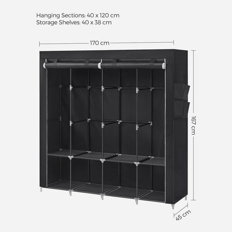 Rootz Fabric Cabinet - Abric Cabinet With 4 Side Pockets - Fabric Storage Cabinets - Portable Fabric Cabinet - Wardrobe Cabinet - Closet Organizer - Steel - Non-woven Fabric - Plastic - Black - 45 x 170 x 167 cm (D x W x H)