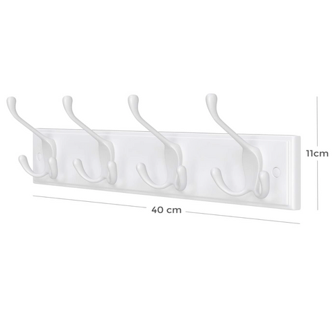 Rootz Wall Coat Rack - Coat Rack - 4 Hooks - Coat Hooks - Coats - Hats - Bags - White - MDF - 40 x 11 x 7 cm