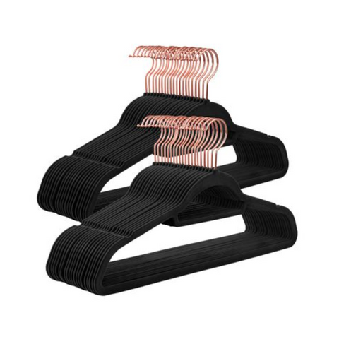 Rootz Clothes Hangers - Clothes Hangers - 50 Pieces - Non-Slip - Rotatable Hook - Rose Gold - Space Saving - Black - 45 x 0.6 x 23.5 cm