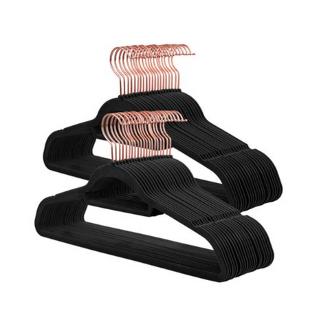 Rootz Clothes Hangers - Clothes Hangers - 50 Pieces - Non-Slip - Rotatable Hook - Rose Gold - Space Saving - Black - 45 x 0.6 x 23.5 cm