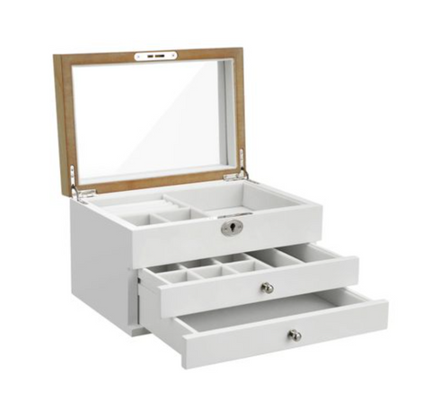 Rootz Jewelery Box - Jewelery Organizer - Mirror - Wood - Drawers - 3 Levels - White - 24.5 x 17 x 14.5 cm