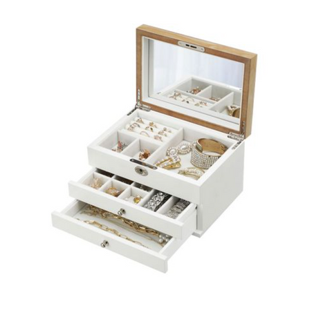 Rootz Jewelery Box - Jewelery Organizer - Mirror - Wood - Drawers - 3 Levels - White - 24.5 x 17 x 14.5 cm