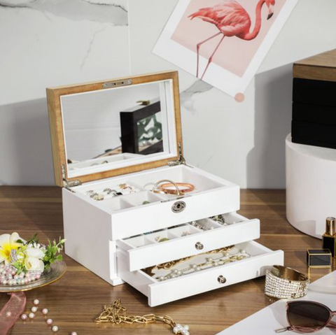 Rootz Jewelery Box - Jewelery Organizer - Mirror - Wood - Drawers - 3 Levels - White - 24.5 x 17 x 14.5 cm