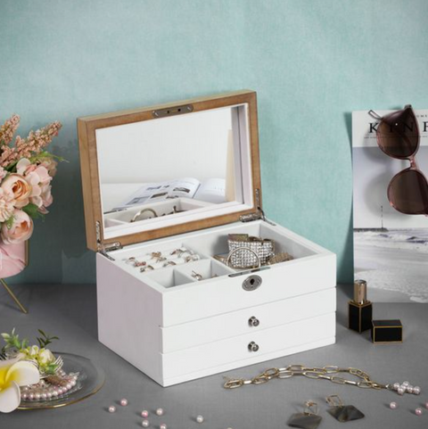 Rootz Jewelery Box - Jewelery Organizer - Mirror - Wood - Drawers - 3 Levels - White - 24.5 x 17 x 14.5 cm