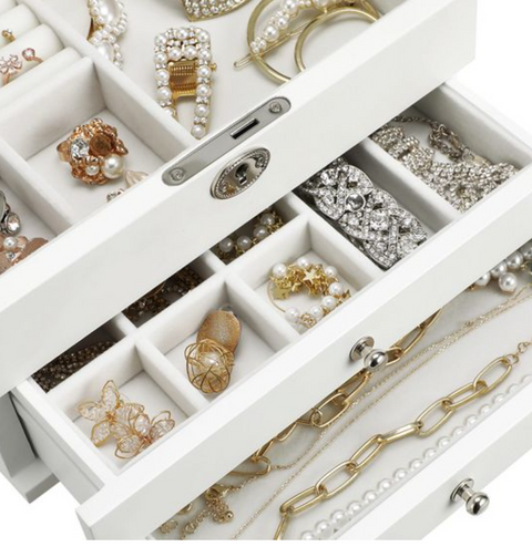 Rootz Jewelery Box - Jewelery Organizer - Mirror - Wood - Drawers - 3 Levels - White - 24.5 x 17 x 14.5 cm