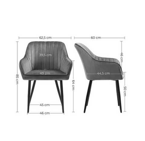 Rootz Dining chair - Armchair - Armrests - Metal - Velvet - Gray - 62.5 x 60 x 85 cm