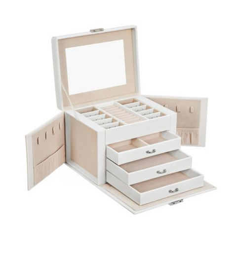 Rootz Jewelry Box - Jewelry Box - Jewelry Storage - 4 Levels - 3 Drawers - White - Velvet - 22.5 x 17.5 x 16.5 cm