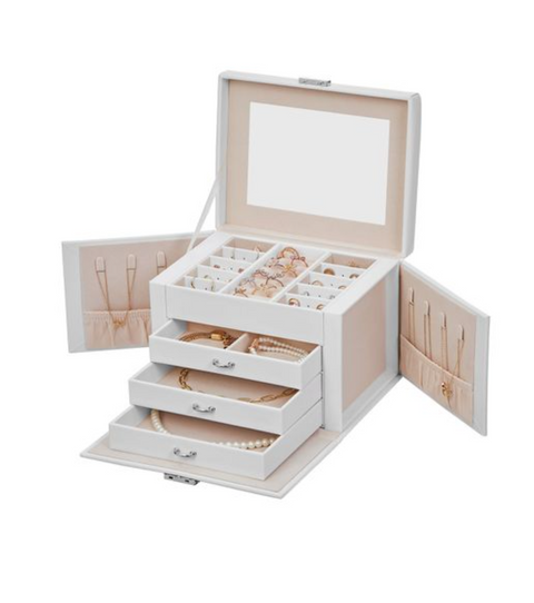 Rootz Jewelry Box - Jewelry Box - Jewelry Storage - 4 Levels - 3 Drawers - White - Velvet - 22.5 x 17.5 x 16.5 cm