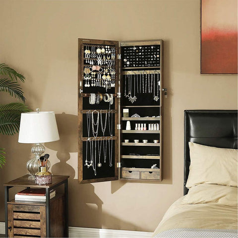 Rootz Jewelry Cabinet - Jewelry Storage - Jewelry Organizer - Jewelry Armoire - Jewelry Box - Wall-mounted Jewelry Cabinet - Jewelry Cabinet With Hooks - Dark Brown - 37 x 10 x 120 cm (L x W x H)