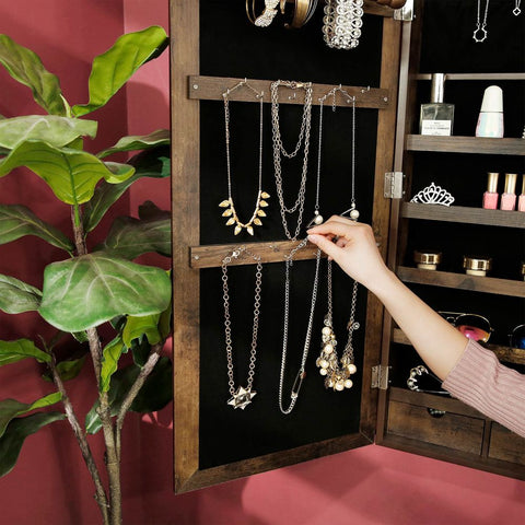 Rootz Jewelry Cabinet - Jewelry Storage - Jewelry Organizer - Jewelry Armoire - Jewelry Box - Wall-mounted Jewelry Cabinet - Jewelry Cabinet With Hooks - Dark Brown - 37 x 10 x 120 cm (L x W x H)
