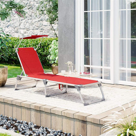 Rootz Sun Lounger - Sun Lounger With Sun Canopy - Outdoor Sun Lounger - Folding Sun Lounger - Portable Sun Lounger - Sun Shade - Aluminum - Synthetic Fiber Fabric - Red - 55 x 193 x 31 cm (L x W x H)