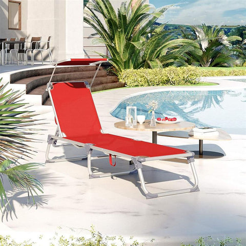 Rootz Sun Lounger - Sun Lounger With Sun Canopy - Outdoor Sun Lounger - Folding Sun Lounger - Portable Sun Lounger - Sun Shade - Aluminum - Synthetic Fiber Fabric - Red - 55 x 193 x 31 cm (L x W x H)