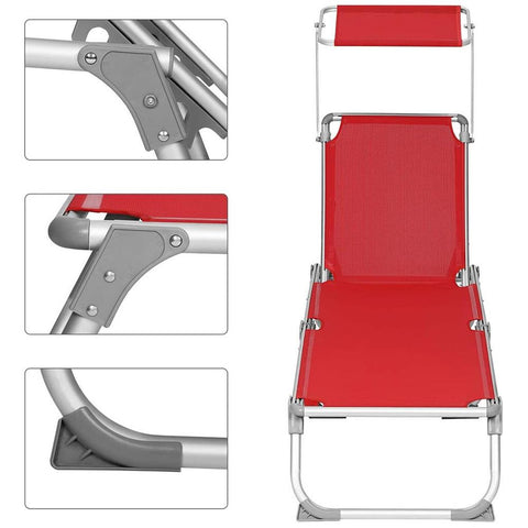 Rootz Sun Lounger - Sun Lounger With Sun Canopy - Outdoor Sun Lounger - Folding Sun Lounger - Portable Sun Lounger - Sun Shade - Aluminum - Synthetic Fiber Fabric - Red - 55 x 193 x 31 cm (L x W x H)