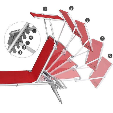 Rootz Sun Lounger - Sun Lounger With Sun Canopy - Outdoor Sun Lounger - Folding Sun Lounger - Portable Sun Lounger - Sun Shade - Aluminum - Synthetic Fiber Fabric - Red - 55 x 193 x 31 cm (L x W x H)