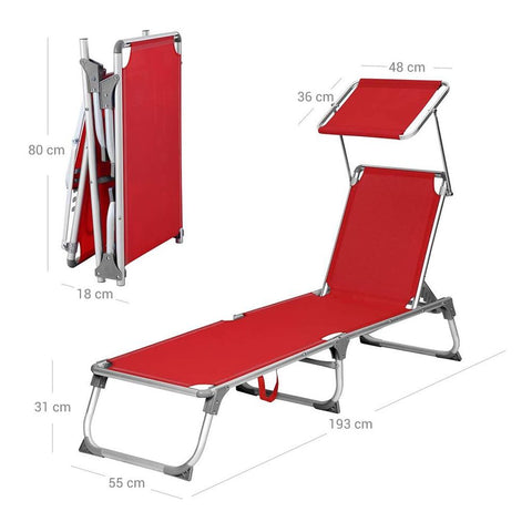 Rootz Sun Lounger - Sun Lounger With Sun Canopy - Outdoor Sun Lounger - Folding Sun Lounger - Portable Sun Lounger - Sun Shade - Aluminum - Synthetic Fiber Fabric - Red - 55 x 193 x 31 cm (L x W x H)