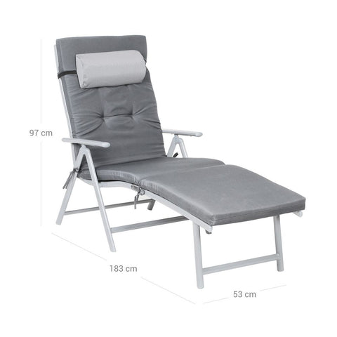 Rootz Sun Lounger - Sun Lounger With Cushion - Outdoor Sun Lounger - Patio Sun Lounger - Garden Sun Lounger - Sunbed - Beach Sun Lounger - Portable Sun Lounger - Grey - 183 x 60 x 39 cm (L x W x H)