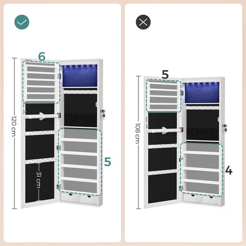 Rootz Jewelry Cabinet - Hanging Jewelry Cabinet - Elegant Hanging Jewelry Cabinet - Jewelry Storage Cabinet - Jewelry Organizer Cabinet - Wall-Mounted Jewelry Cabinet - Mirror Jewelry Cabinet - White - 37 x 10 x 120 cm (L x W x H)