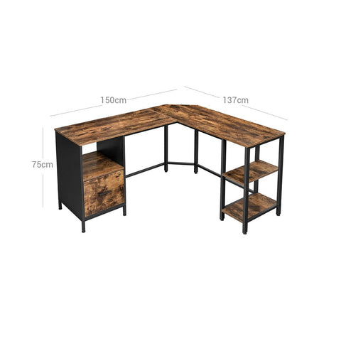 Rootz Computer Desk - L-shaped Computer Desk - Office Desk - Writing Desk - Home Office Furniture - Workstation - Study Desk - Executive Desk - Adjustable Desk - L-shaped Desk - Brown-black - 137 x 150 x 75 cm (L x W x H)