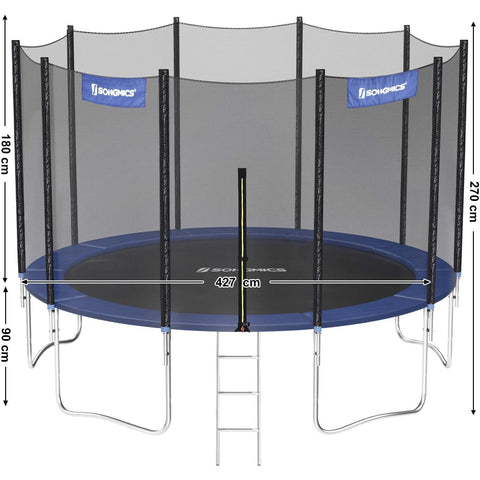 Rootz Trampoline - Garden Trampoline - Round - Ladder - Padded Rods - Safety Net - Black - Blue - 427 cm