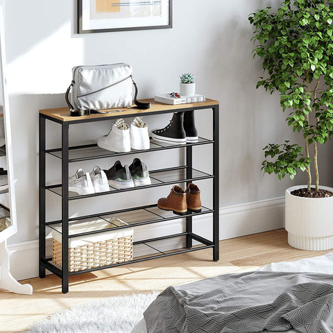 Rootz Shoe Rack - Shoe Cabinet for 16 Pairs of Shoes - Industrial Vintage Design - Wood and Metal - 100 x 30 x 92.5 cm