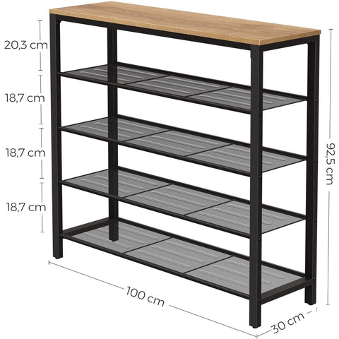 Rootz Shoe Rack - Shoe Cabinet for 16 Pairs of Shoes - Industrial Vintage Design - Wood and Metal - 100 x 30 x 92.5 cm