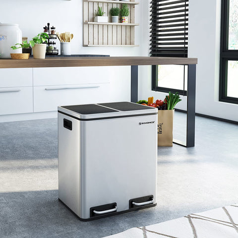 Rootz Trash Can Waste Separation 30 Liter - Trash Cans - Pedal Bin - SILVER - 41 x 36 x 47 cm