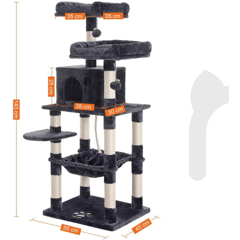 Rootz Cat Tree - Scratching Post - Climbing Tree for Cats - Cat Tower with Cave - Light Gray - 55 x 45 x 143 cm