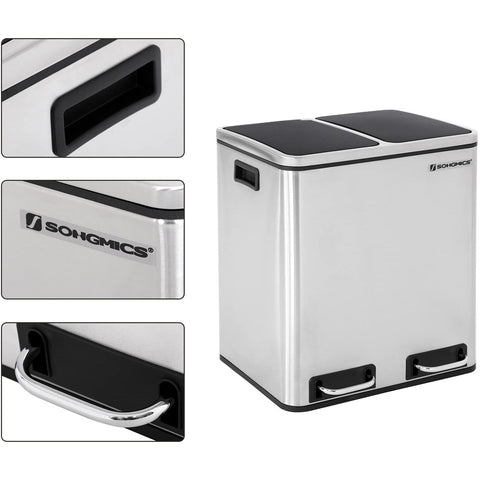 Rootz Trash Can Waste Separation 30 Liter - Trash Cans - Pedal Bin - SILVER - 41 x 36 x 47 cm