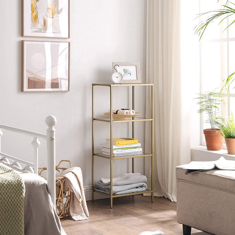 Rootz 2 Side Table - Rectangular Glass Table - Gold Iron Frame - Bathroom Cabinet - Adjustable Legs - 40 x 30 x 95 cm (LxWxH)