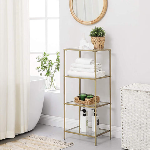 Rootz 2 Side Table - Rectangular Glass Table - Gold Iron Frame - Bathroom Cabinet - Adjustable Legs - 40 x 30 x 95 cm (LxWxH)